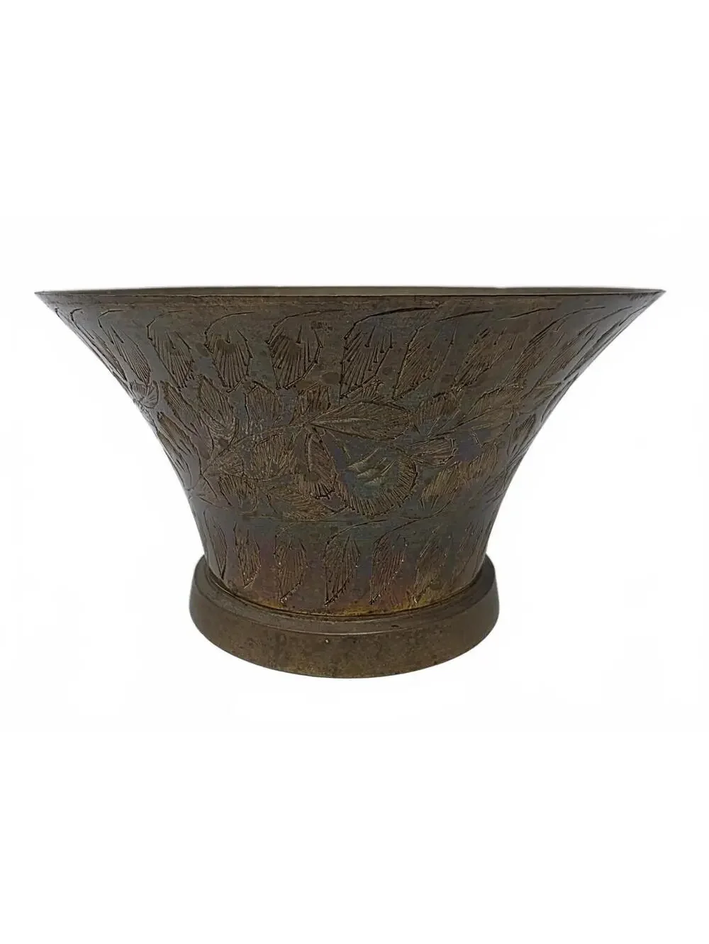 Vintage Indian Brass Pedestal Bowl Hand Engraved Floral Catchall 4.25 Inch